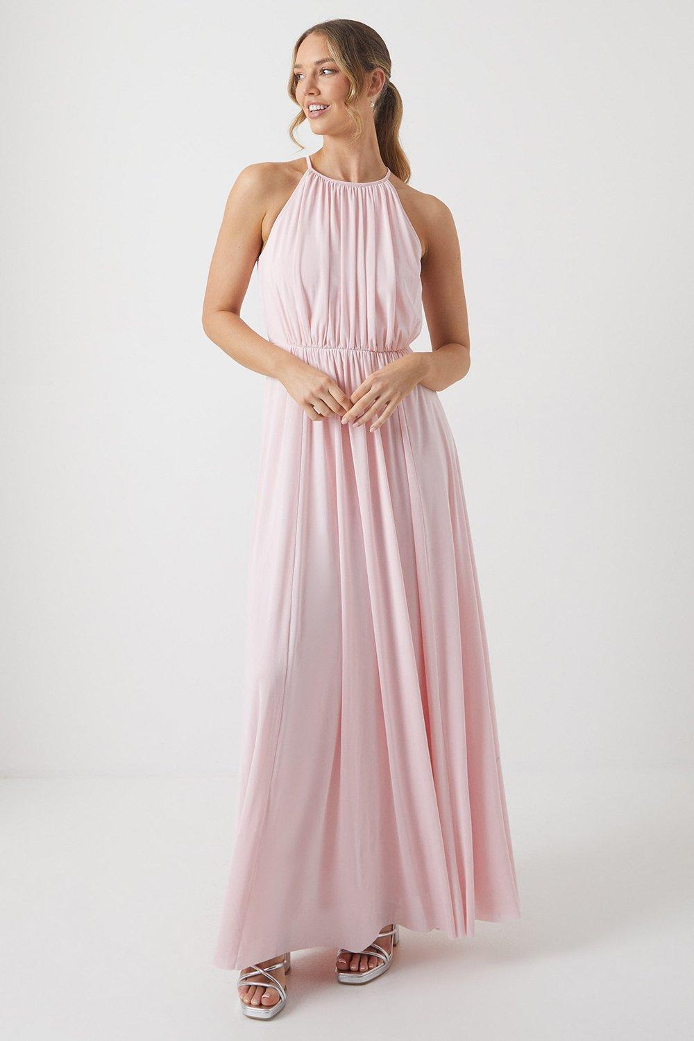 Stretch Mesh Halterneck Bridesmaids Dress - Icing Pink